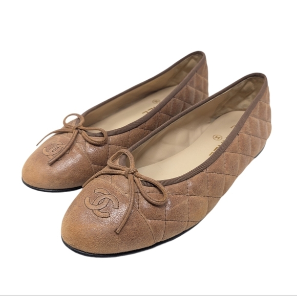 Chanel Interlocking CC Leather Tan Brown Quilted Bow Cap Toe Ballet Flat Size 39 - Picture 1 of 11